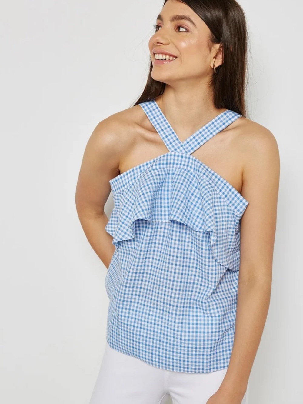 Pieces Wms Blue White Gingham Checked Frill Ruffle Cottagecore Boho Summer Top S